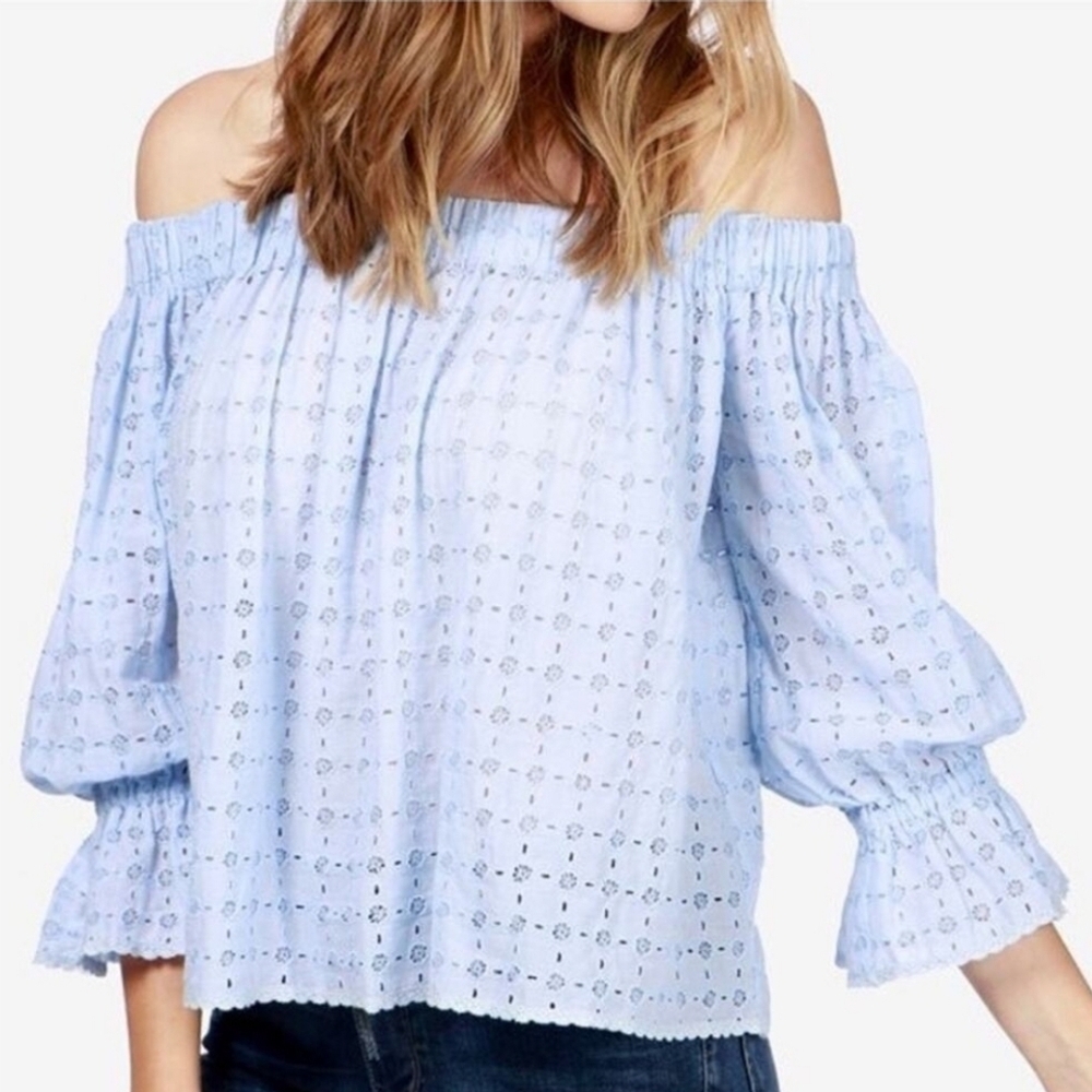 Lucky Brand Off-Shoulder Light Blue  Eyelet Top